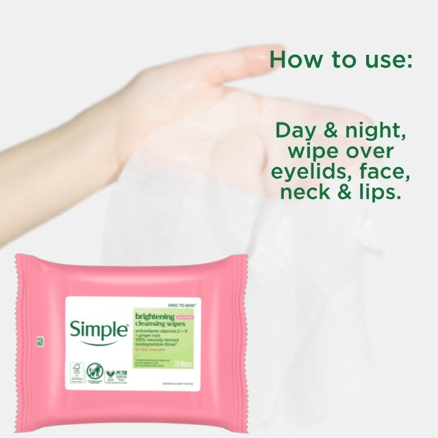 Simple Kind to Skin Brightening Cleansing Wipes, resealable pack packaging, fragrance-free, 20 wipes, facial cleansing directions