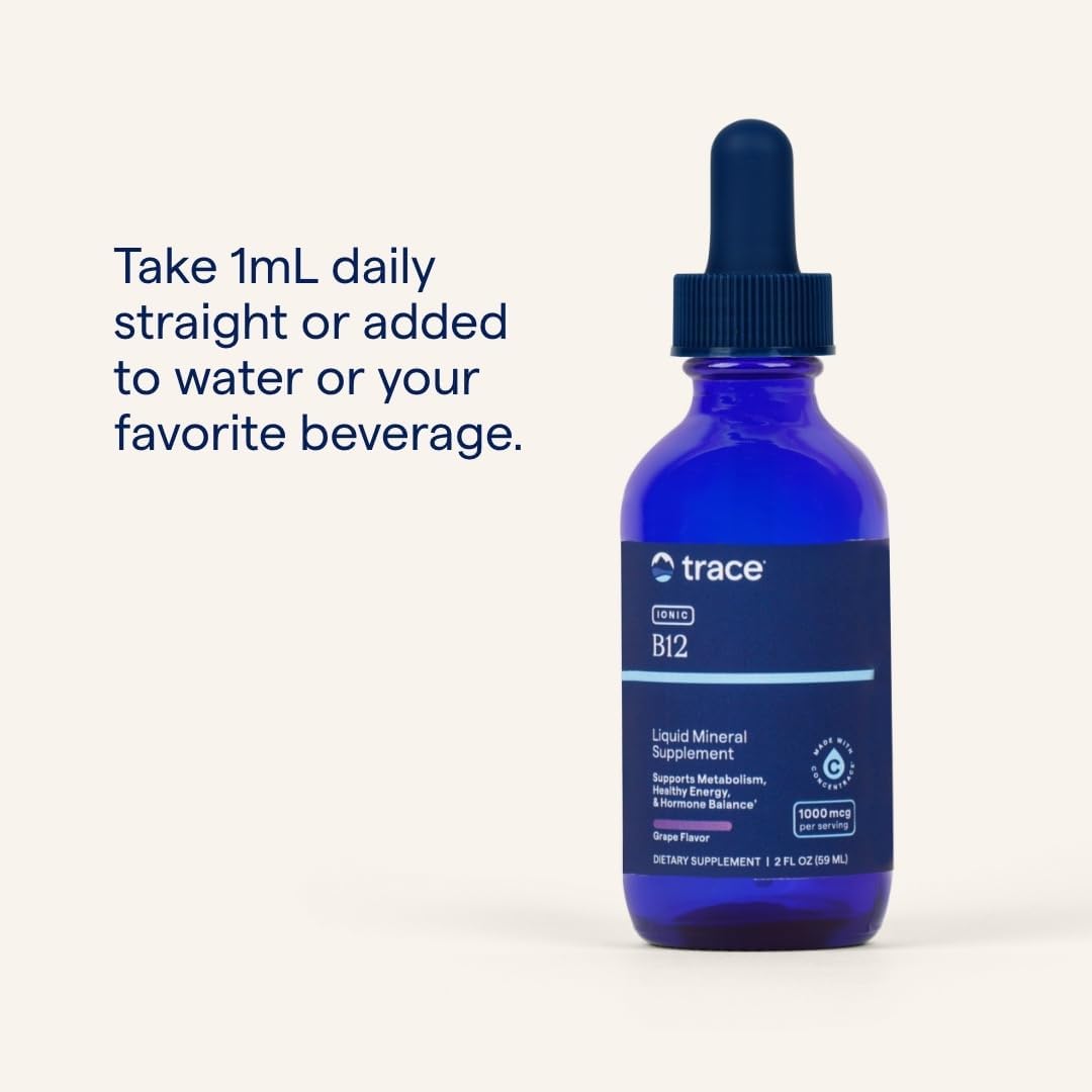 How to Use Image: Trace Minerals Ionic B12 1000mcg liquid usage instructions grape bottle 59ml
