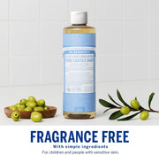 Dr. Bronner's Baby Unscented Pure-Castile Liquid Soap bottle, fragrance-free, 945ml, personal and household cleaning use