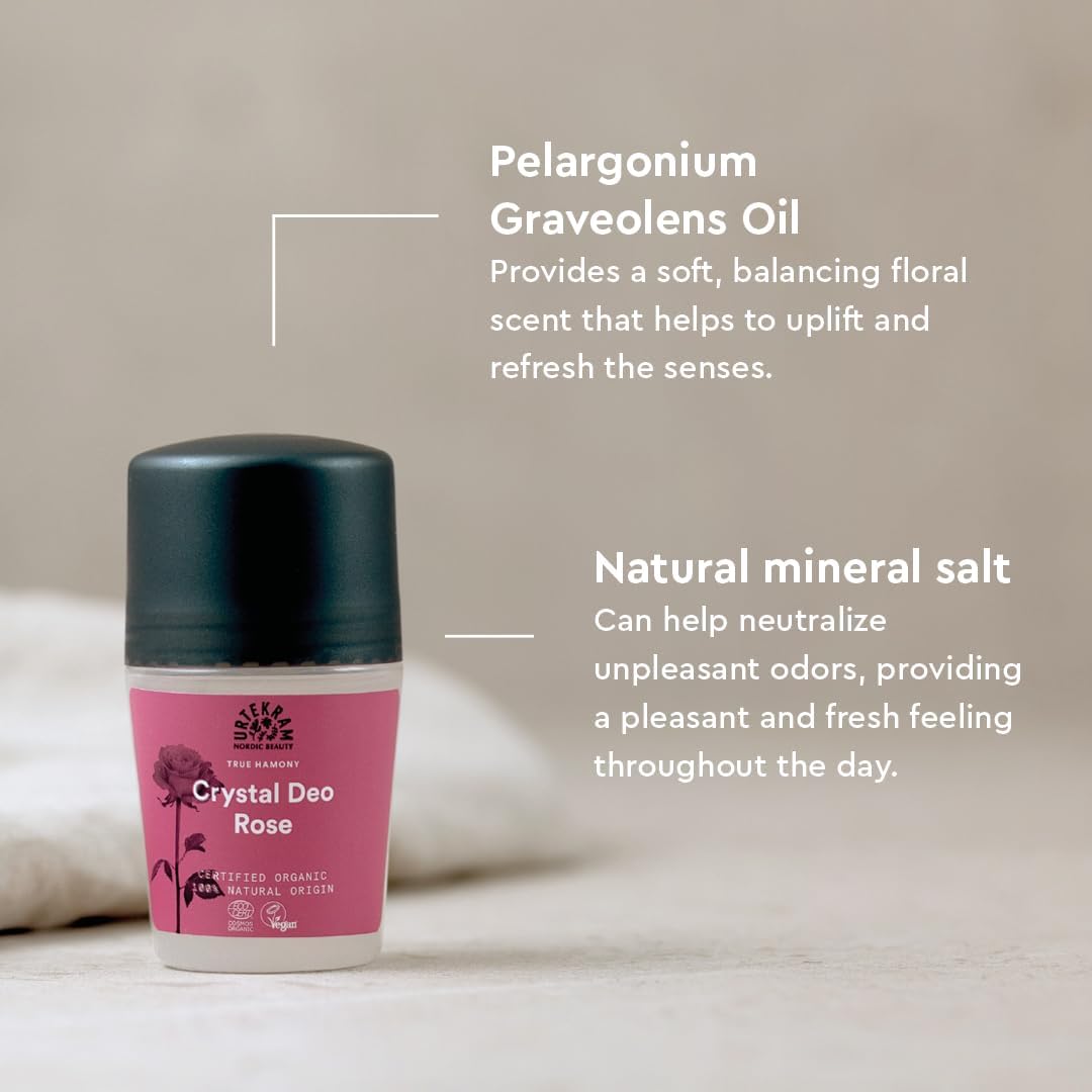 Urtekram Crystal Rose Deodorant Roll-On 50ml bottle for everyday underarm care
