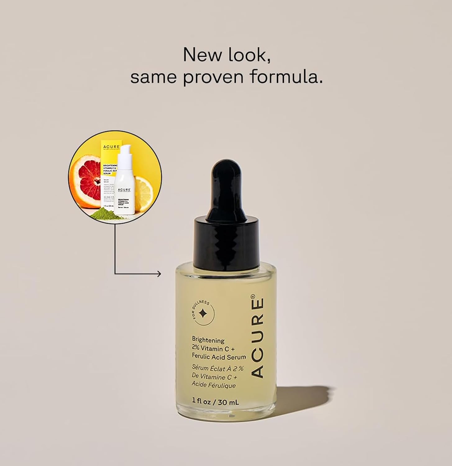 Acure Brightening 2% Vitamin C Ferulic Acid Serum glass bottle 30ml new look, same proven formula