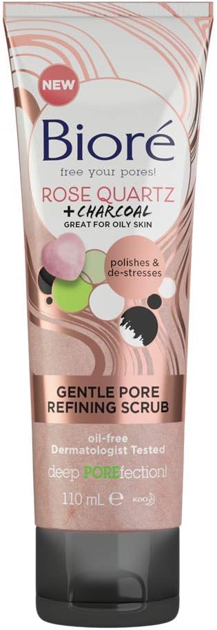 Bioré Rose Quartz + Charcoal Gentle Pore Refining Scrub tube 110ml facial exfoliator