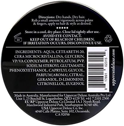 ingredients & barcode image: Uppercut Deluxe Featherweight Fiber Paste 70g ingredients glycerin wax formula