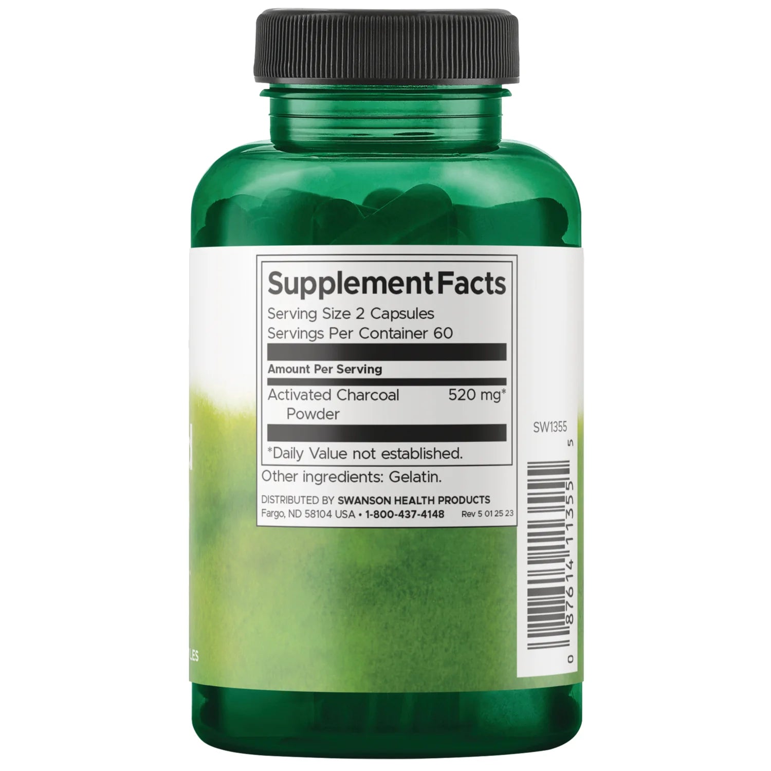 Swanson Activated Charcoal supplement capsule bottle 120 capsules 260mg barcode packaging