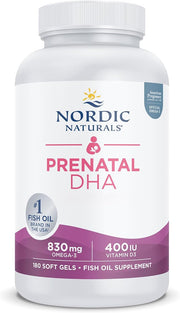 Nordic Naturals Prenatal DHA supplement bottle, Strawberry Flavoured 180 softgels.