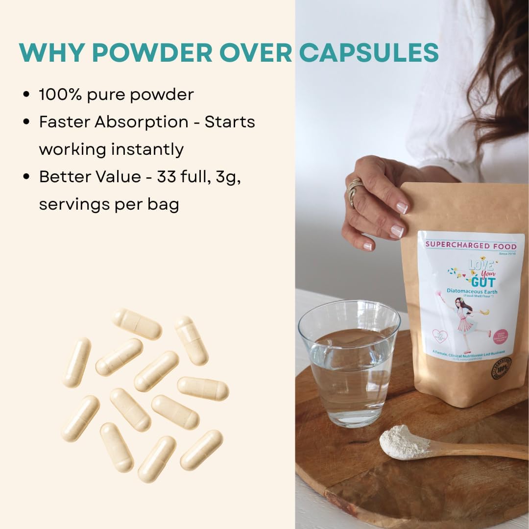 Supercharged Food Love Your Gut Diatomaceous Earth Powder versus capsules.