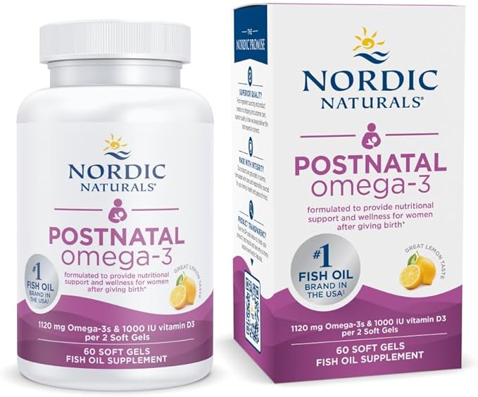 Nordic Naturals Postnatal Omega-3 with Vitamin D3 bottle & box, lemon flavour, 60 soft gels.
