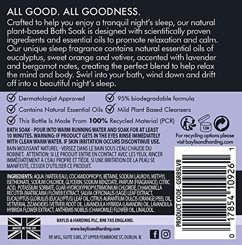 Baylis & Harding Goodness lavender bergamot bath soak ingredients label & barcode bottle 500ml