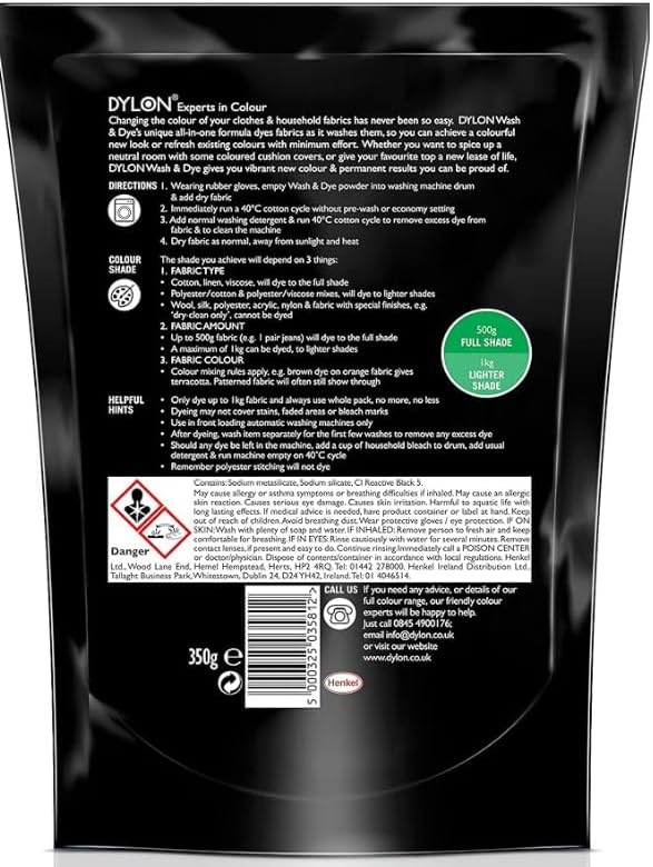 Dylon Wash & Dye Intense Black Powder Fabric Dye 350g ingredients information packaging & barcode