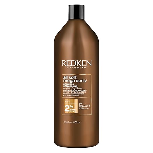 Redken All Soft Mega Curls Shampoo bottle, sulfate-free, 1000ml on white background.