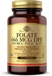 Front image: Solgar Folate 666mcg DFE folic acid tablets bottle 250 count vegetarian supplement