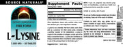 Source Naturals L-Lysine 1000mg Free Form - 50 Tablets label