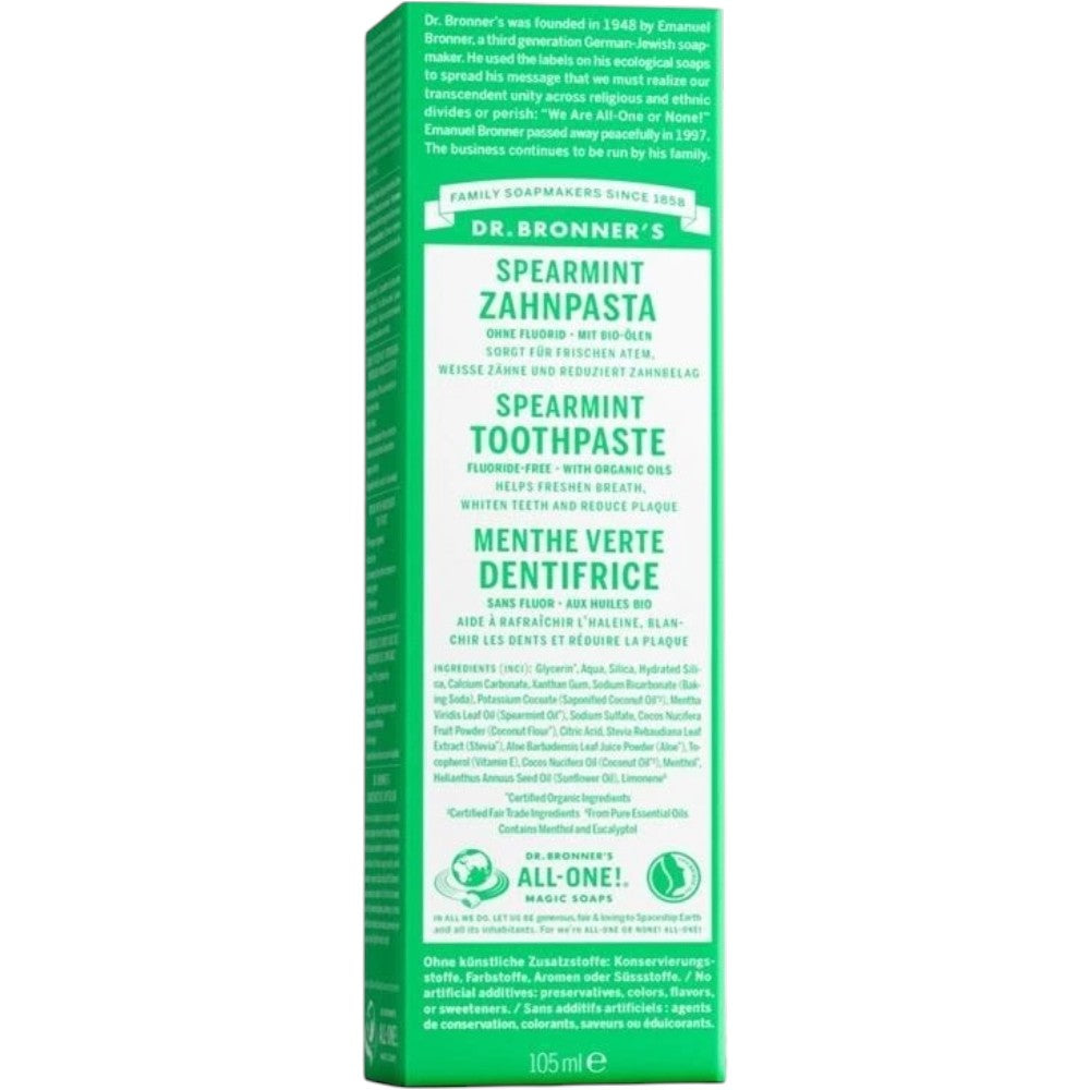 Dr. Bronner's Spearmint Fluoride Free Toothpaste 105ml box