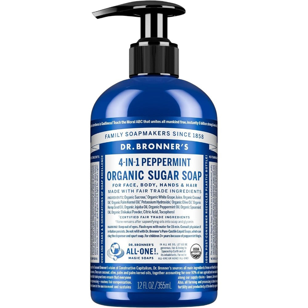 Dr. Bronner's Peppermint 4-in-1 Organic Sugar Pump Soap 355ml pump bottle