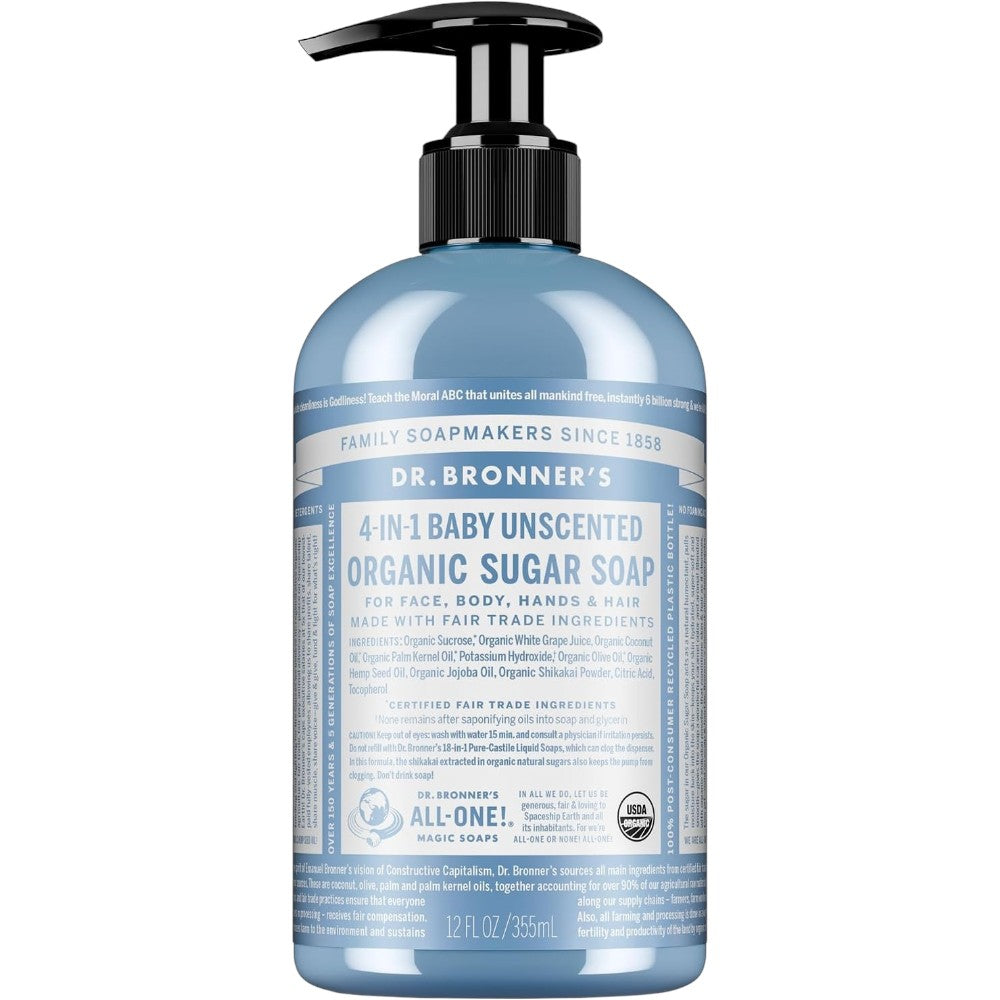 Dr. Bronner's Baby Unscented 4-in-1 Organic Sugar Pump Soap 355ml pump bottle