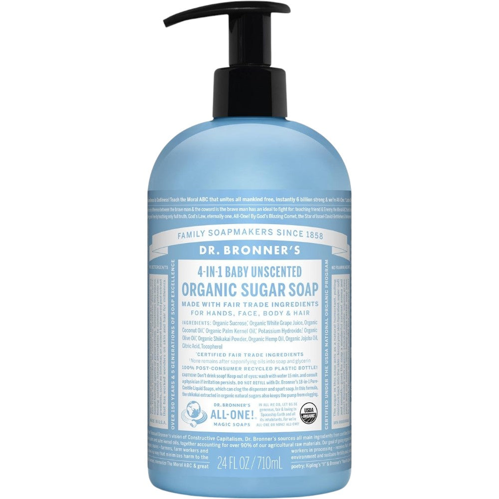 Dr. Bronner's Baby Unscented 4-in-1 Organic Sugar Pump Soap 710ml pump bottle