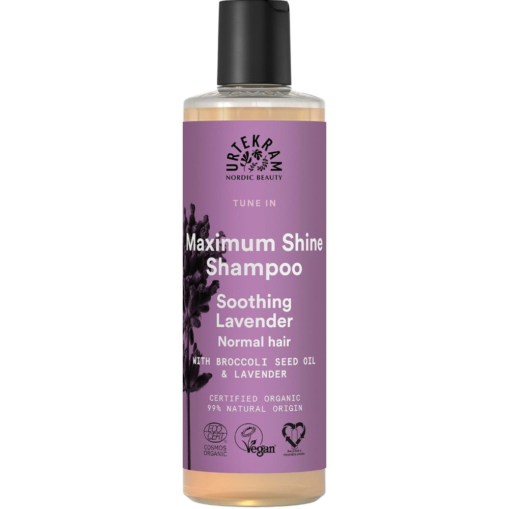 Urtekram Maximum Shine Lavender Shampoo bottle, lavender scent, 250ml