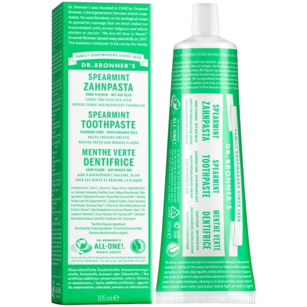 Dr. Bronner's Spearmint Fluoride Free Toothpaste 105ml tube and box