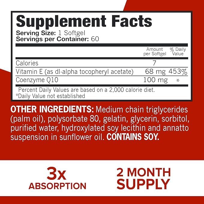 Supplement facts & ingredients image: Qunol Ultra CoQ10 supplement facts 100mg ingredients softgels