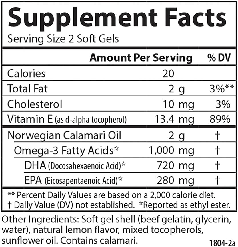 Supplement facts & ingredients image: Carlson EcoSmart Omega 3 calamari oil EPA DHA supplement facts 120 softgels