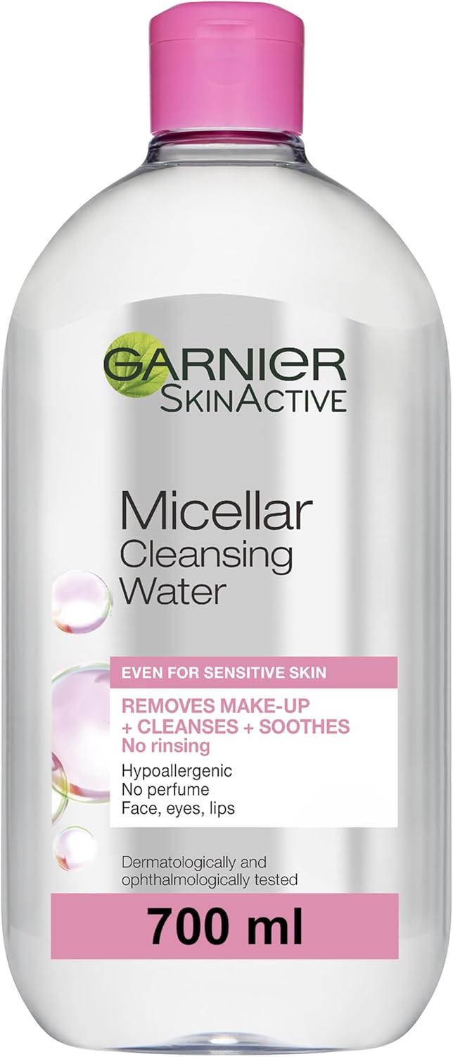 Garnier Micellar Cleansing Water 700ml bottle, pink label, makeup remover and cleanser.