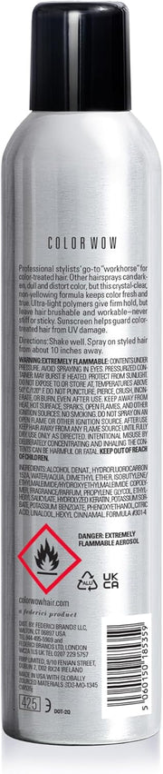 Color Wow Hairspray can showing usage instructions and ingredient list.