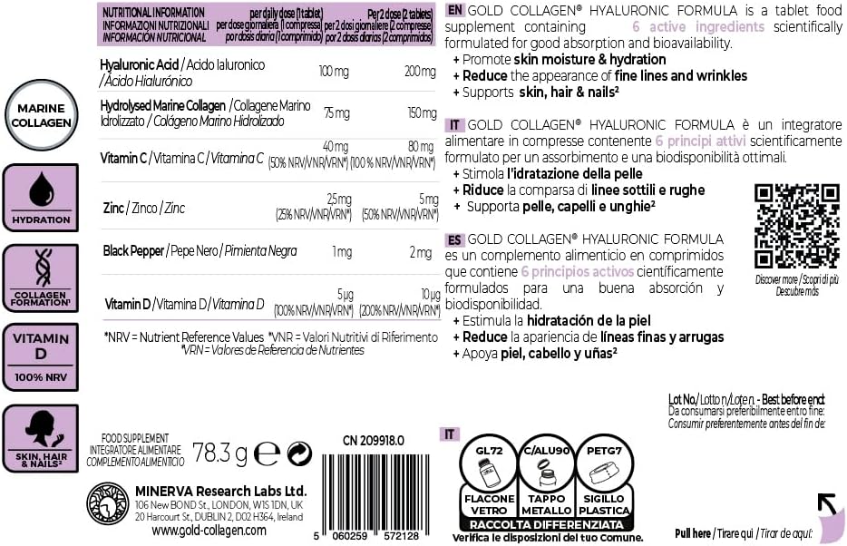Gold Collagen Hyaluronic Formula supplement packaging with nutritional information and branding details.