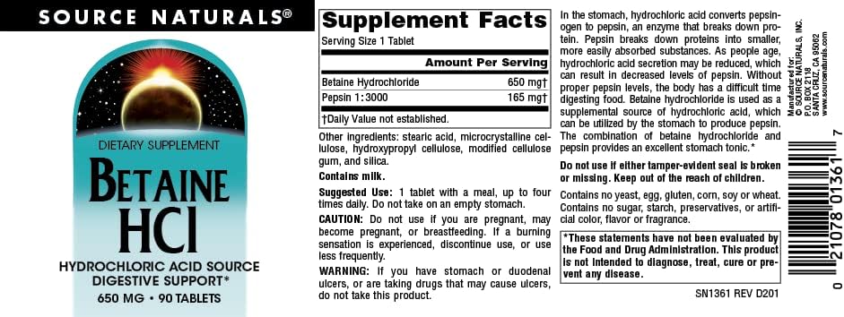 Source Naturals Betaine HCL 650mg with Pepsin - 90 Tablets label