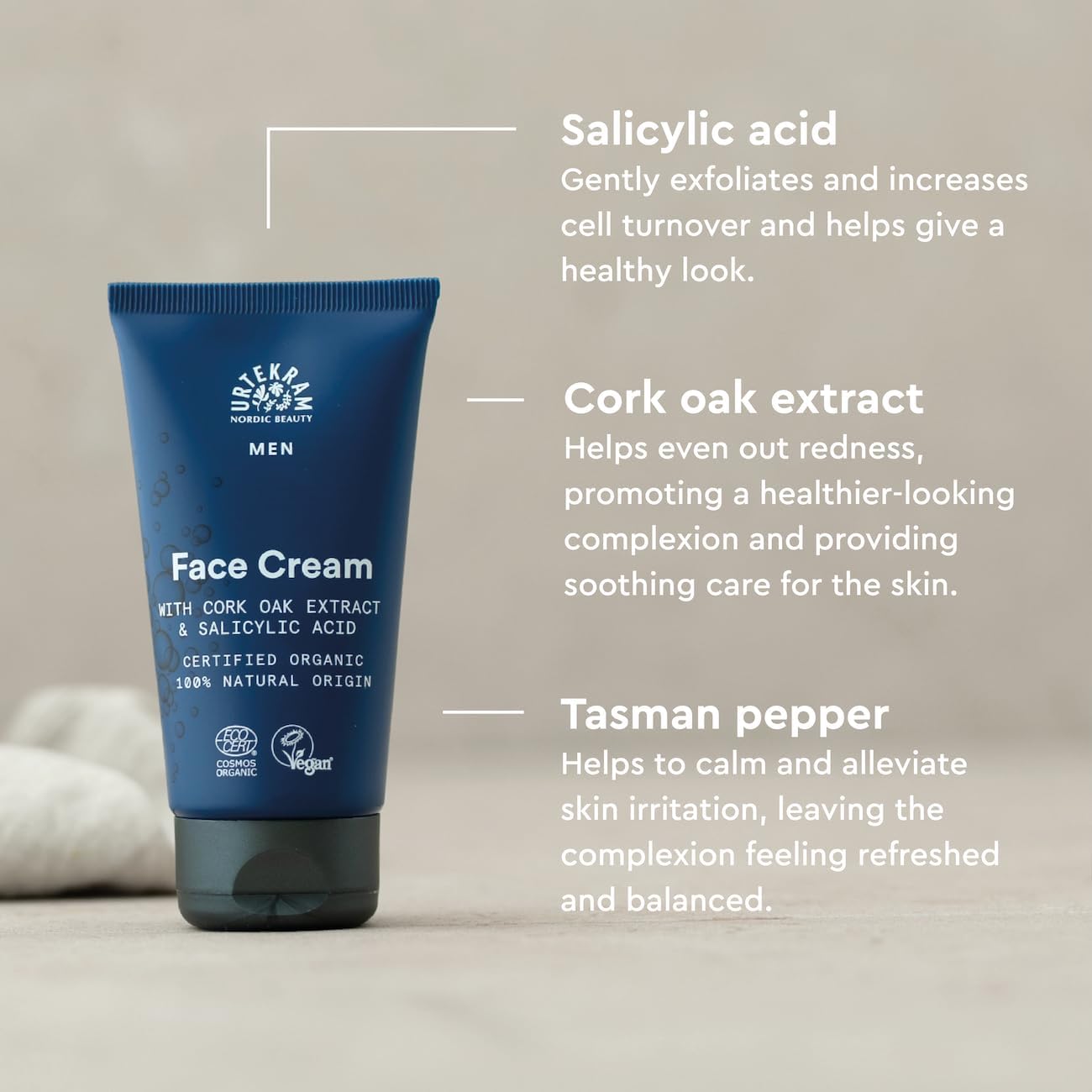 Urtekram Men Face Cream with Cork Oak and Salicylic Acid 75ml tube for everyday facial skincare