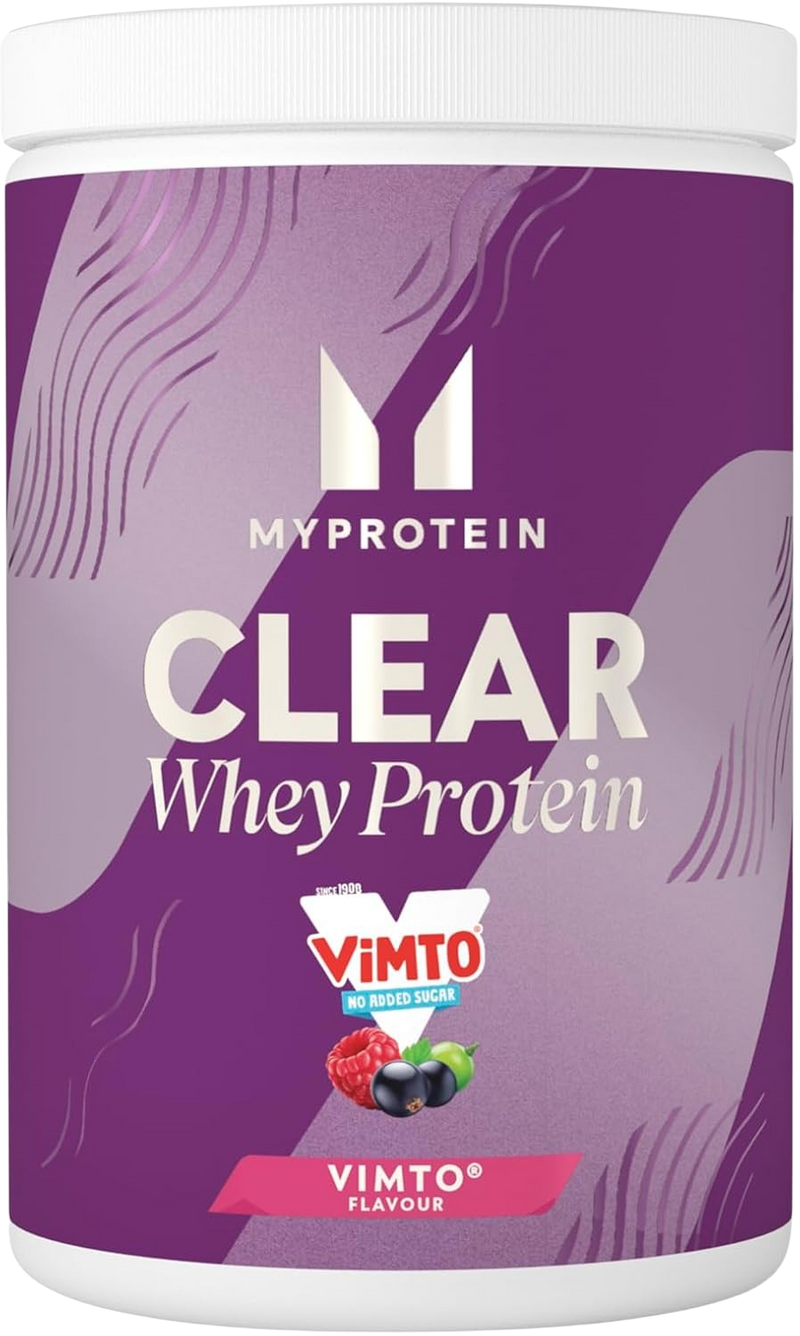 Myprotein Clear Whey Isolate protein powder tub, Vimto flavour, 1kg size.