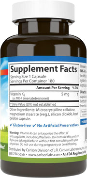 Supplement facts & ingredients image: Carlson Vitamin K2 MK4 5 mg supplement facts capsules 180 count