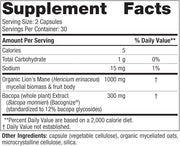 Supplement facts label for Lion's Mane and Bacopa mushroom complex