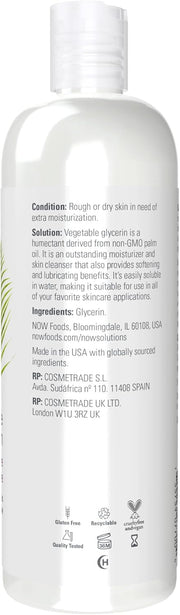 Supplement facts label and usage instructions for NOW Vegetable Glycerin.
