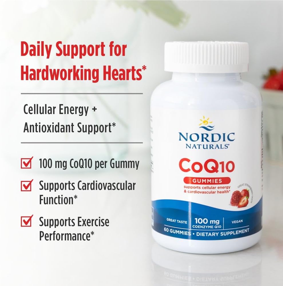 Nordic Naturals CoQ10 Strawberry Gummies 100 mg bottle for adults.