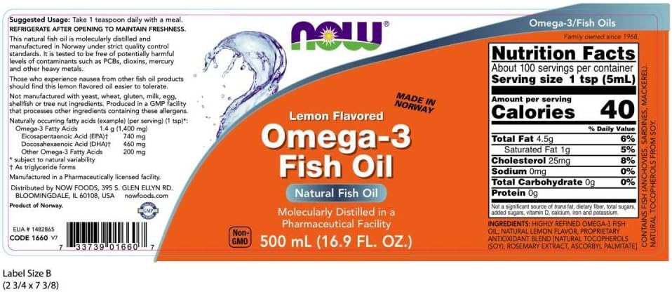 NOW Foods Omega-3 Fish Oil Liquid Lemon Flavour with EPA and DHA 500 mL suggested usage directions and product barcode