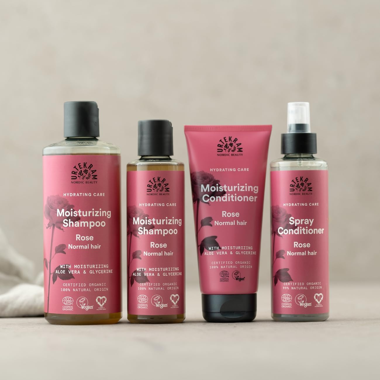 Urtekram Moisturising Rose Shampoo, shampoo bottle packaging, rose fragrance, 250ml, daily haircare use & other variants