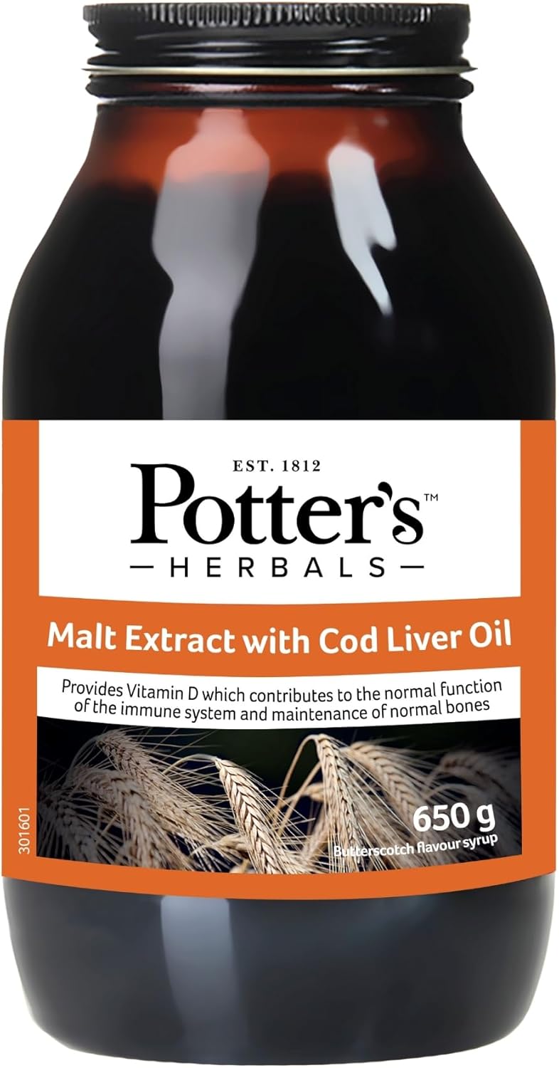 Potter's Herbals Malt Extract with Cod Liver Oil jar, butterscotch flavour, 650g.