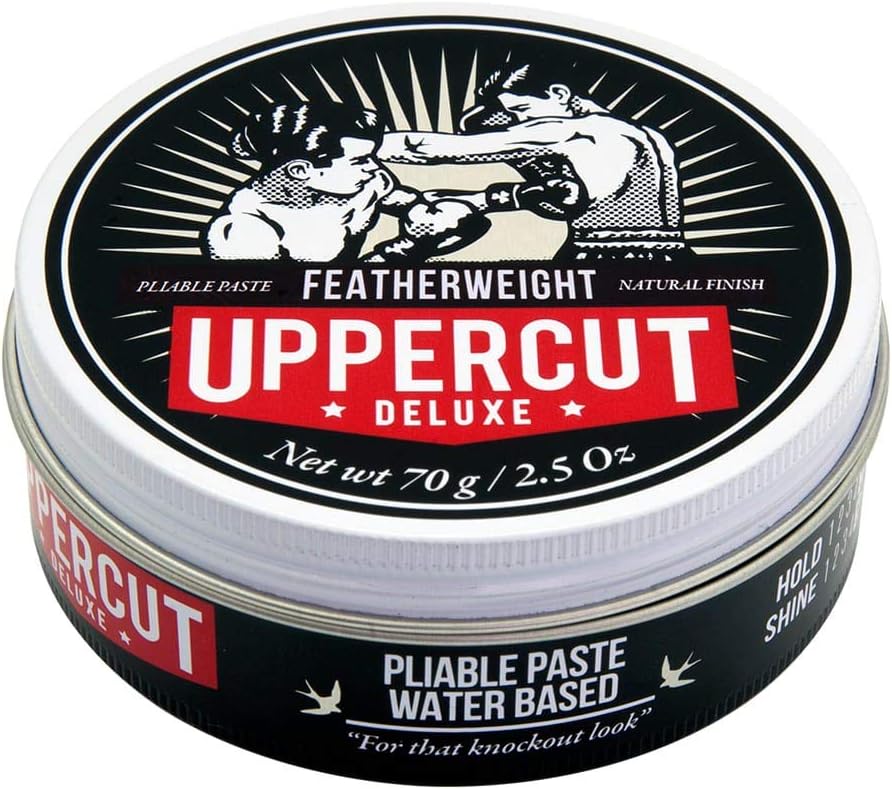 Top image: Uppercut Deluxe Featherweight Fiber Paste 70g jar firm hold styling paste packaging
