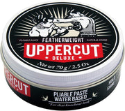Top image: Uppercut Deluxe Featherweight Fiber Paste 70g jar firm hold styling paste packaging