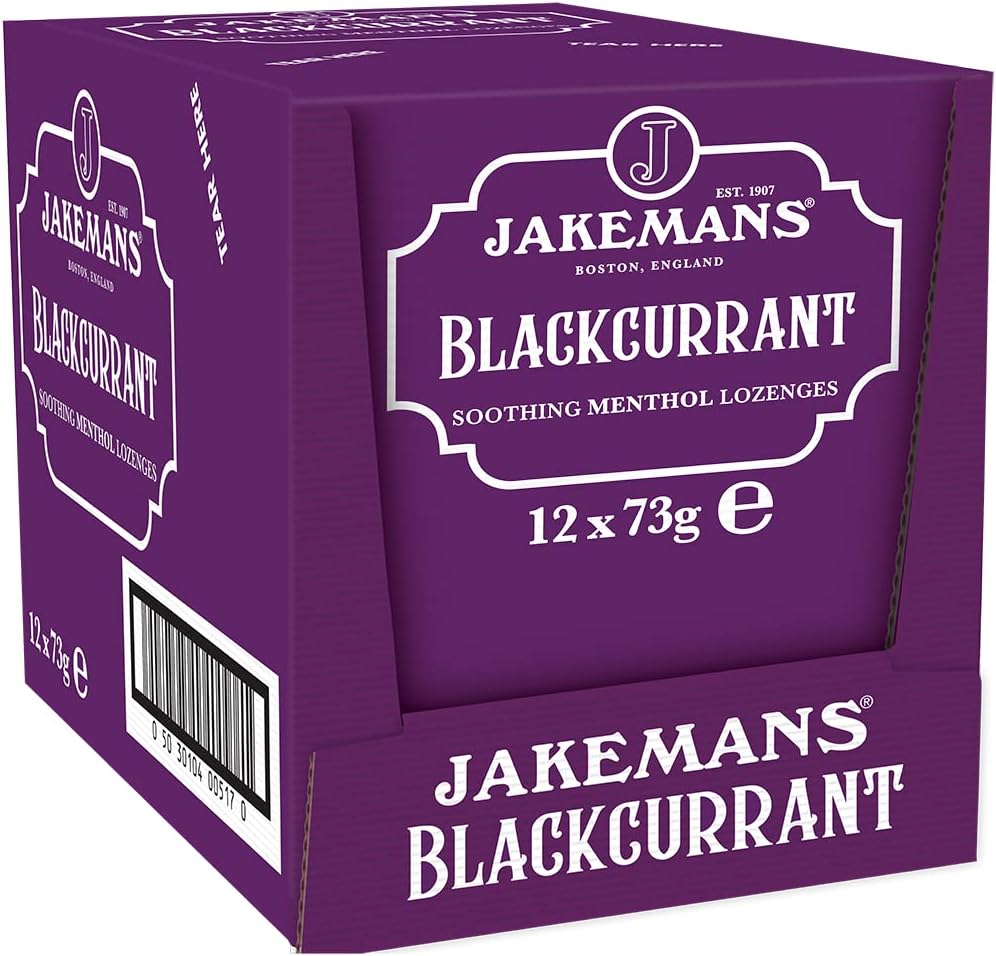 Jakemans Blackcurrant Menthol Lozenges box packaging blackcurrant flavour 12 x 73g front product image