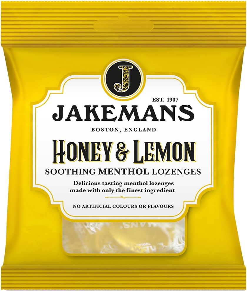 Jakemans Honey & Lemon Menthol Lozenges bag packaging honey lemon flavour 12 x 73g front product image