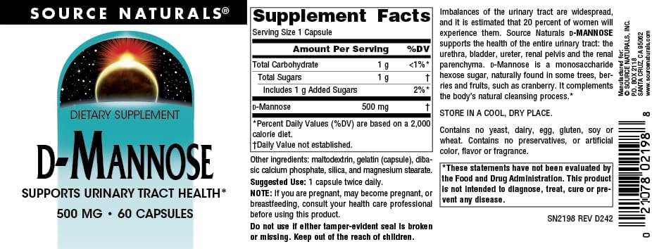 Source Naturals D-Mannose 500mg Capsules - 60 Count label