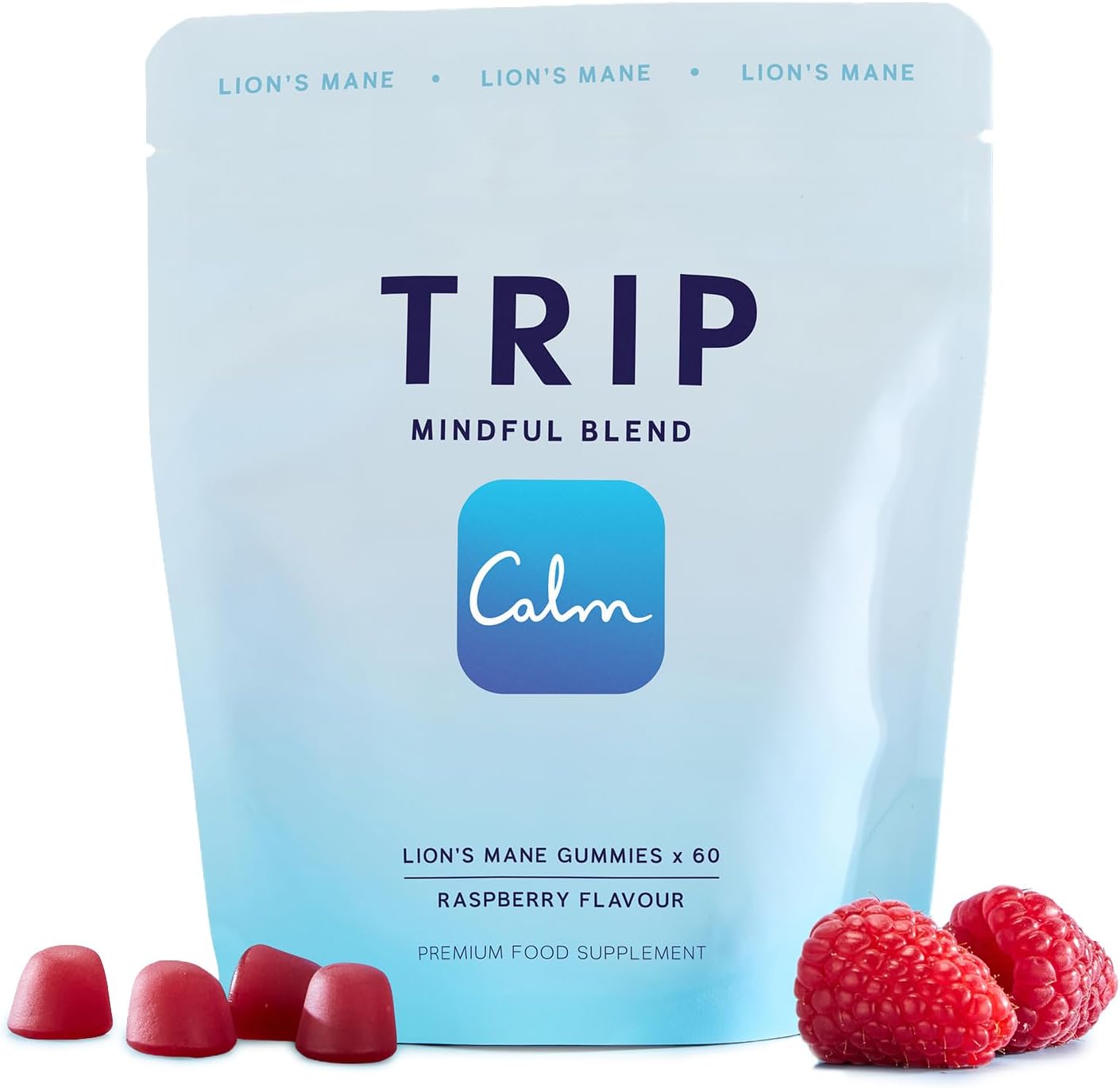 Front Image: TRIP lion’s mane gummies raspberry flavour pouch 60 count