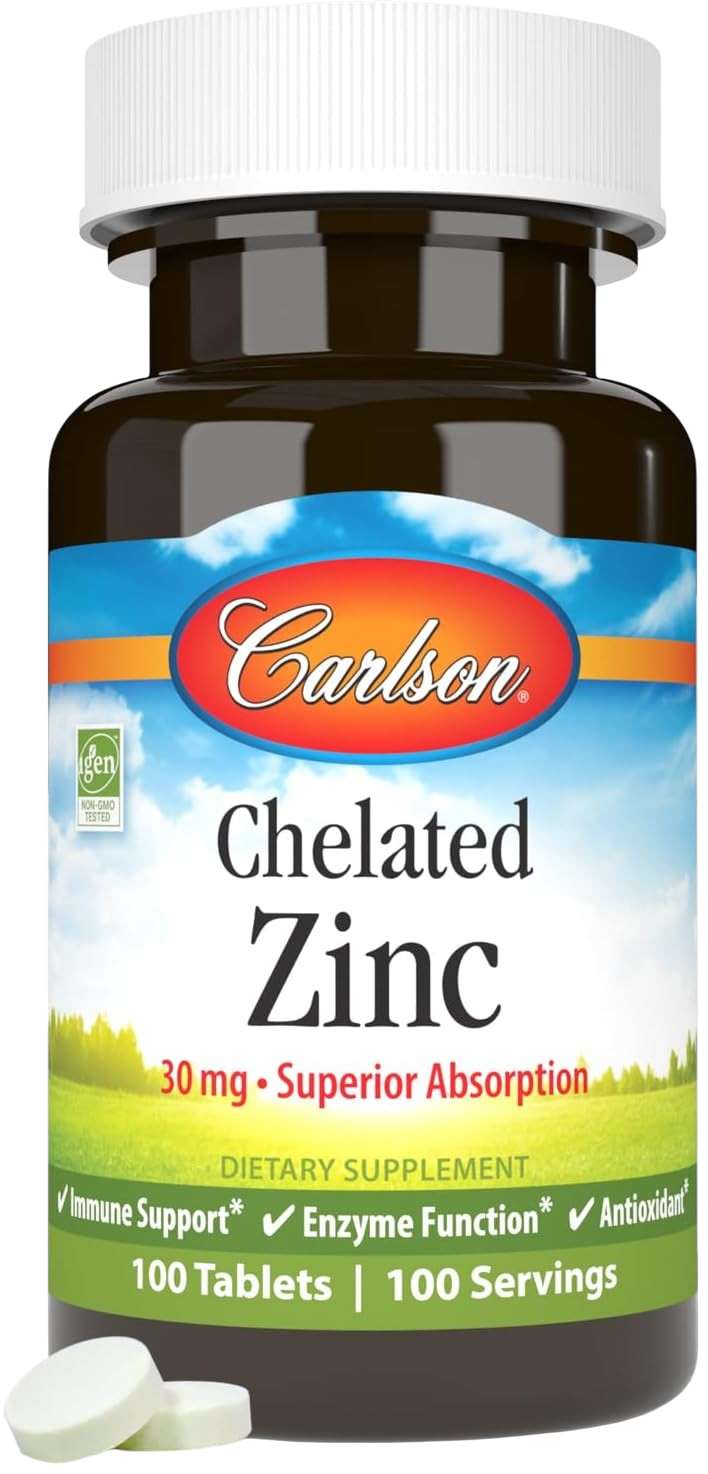 Front image: Carlson Chelated Zinc 30 mg tablets supplement bottle 100 count