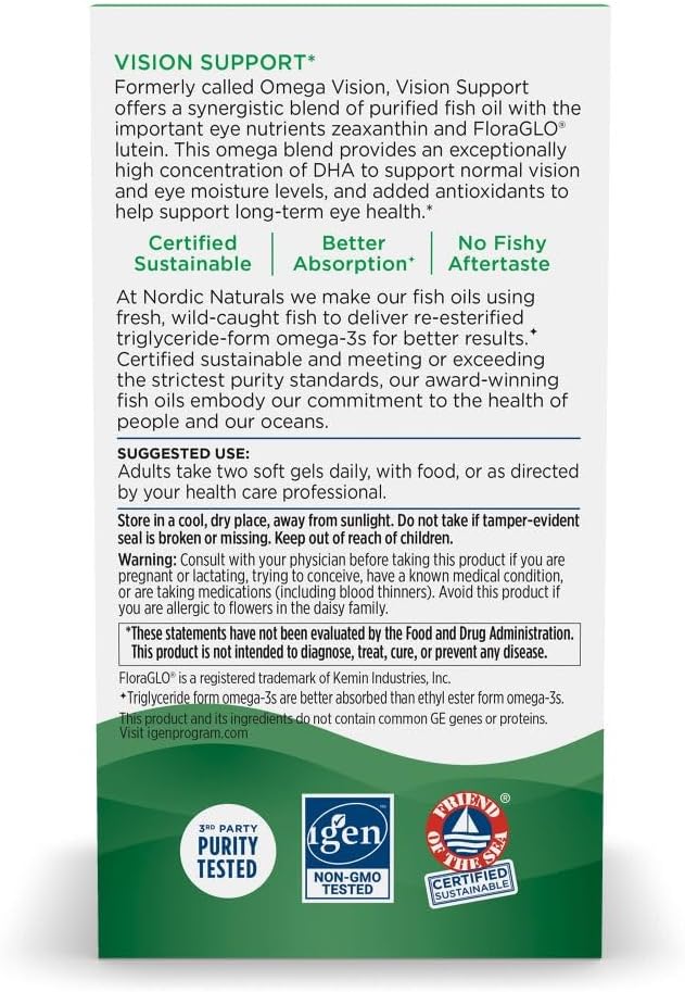 Supplement facts and ingredients list for vision support formula.