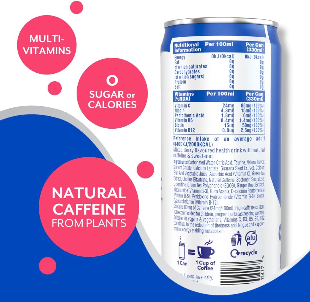Aspire Healthy Energy Mixed Berry 12 x 330ml cans ingredients and nutrition information