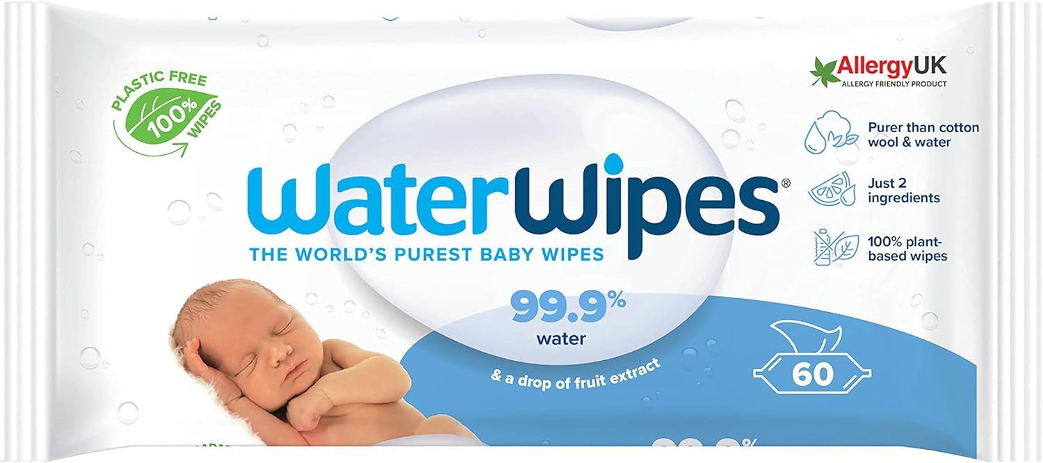 WaterWipes Sensitive+ Newborn Baby Wipes 99.9% Water 60 Wipes pack