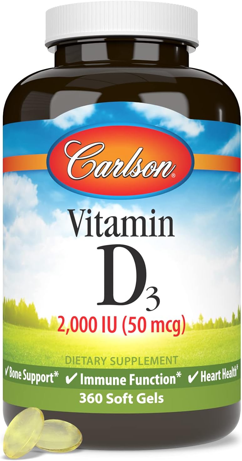 Front image: Carlson Vitamin D3 2000 IU softgels bottle gluten free 360 count