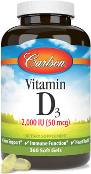 Front image: Carlson Vitamin D3 2000 IU softgels bottle gluten free 360 count