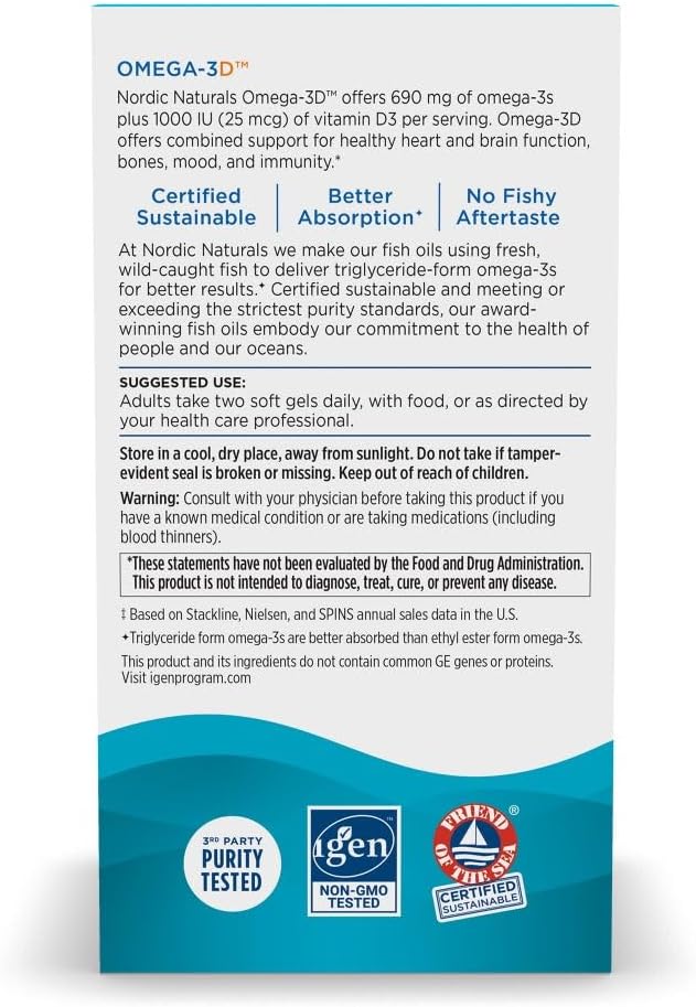 Supplement facts label for Omega-3D with Vitamin D3 and ingredients.